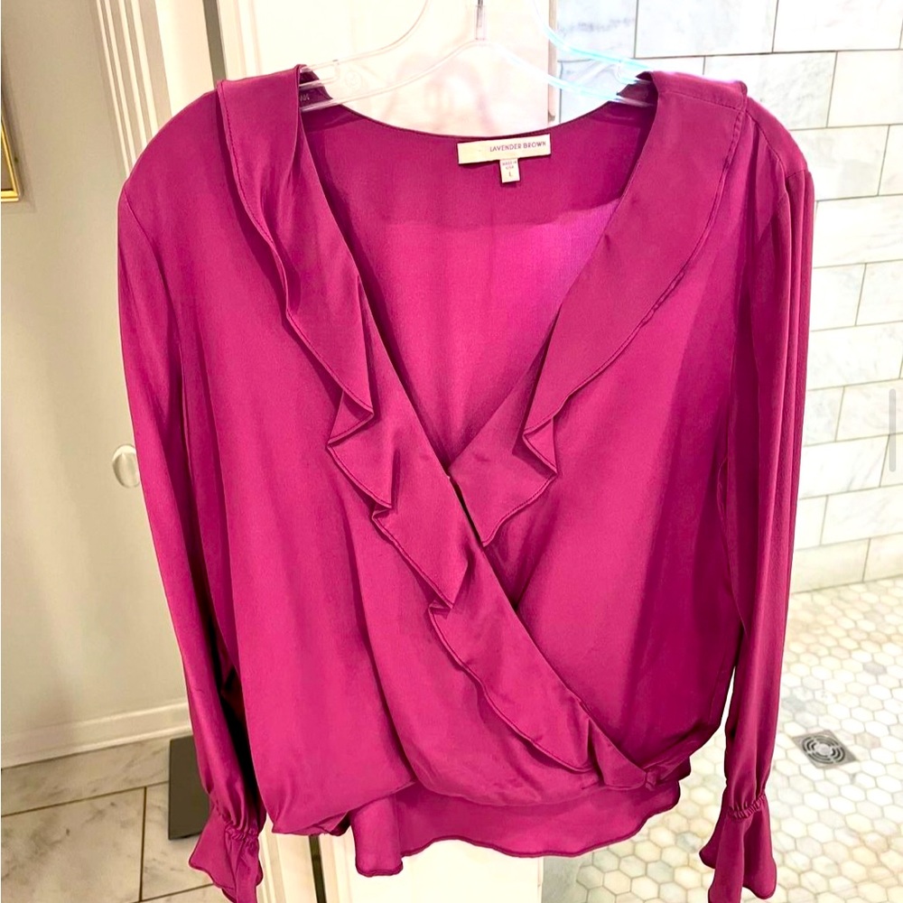 Lavender Brown, 100% Silk Blouse with Ruffle detail, size L.
